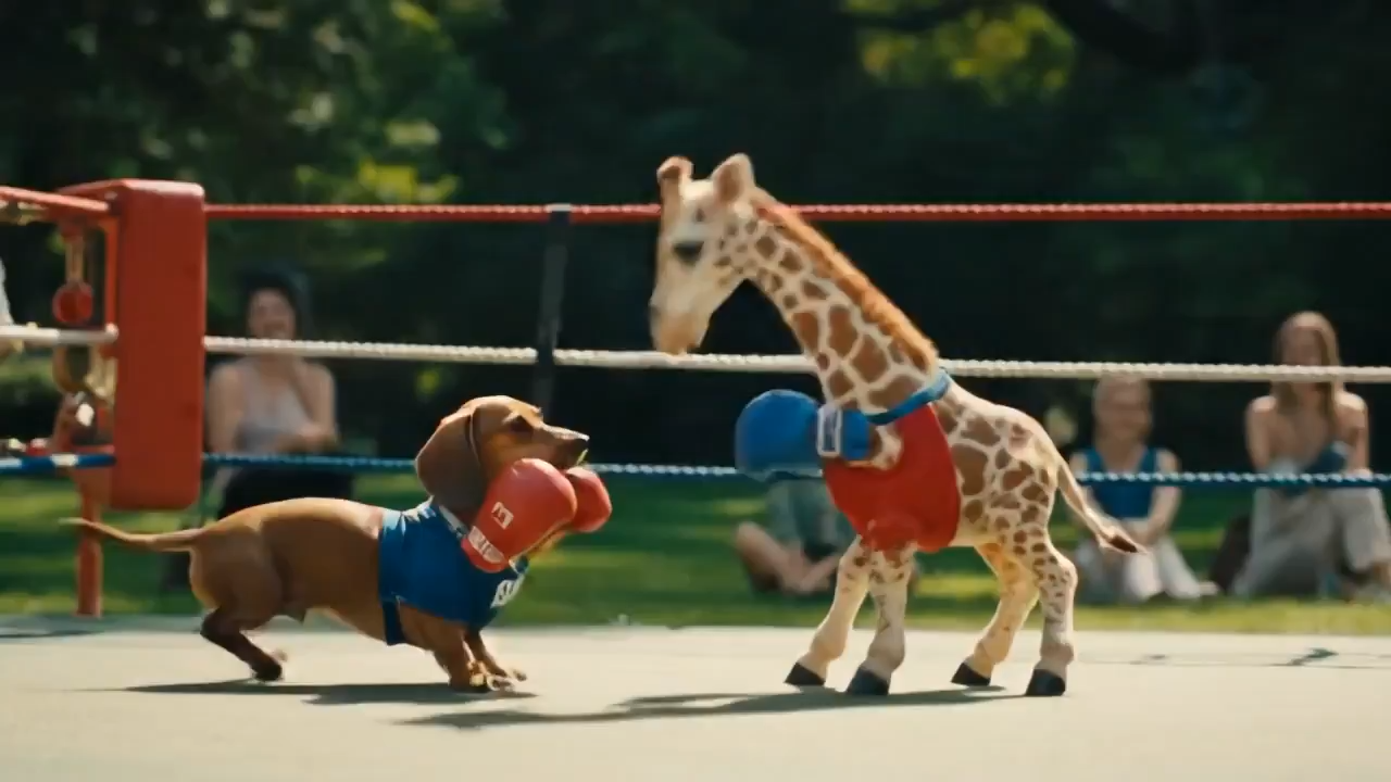A boxing match between a dachshund and a miniature giraffe