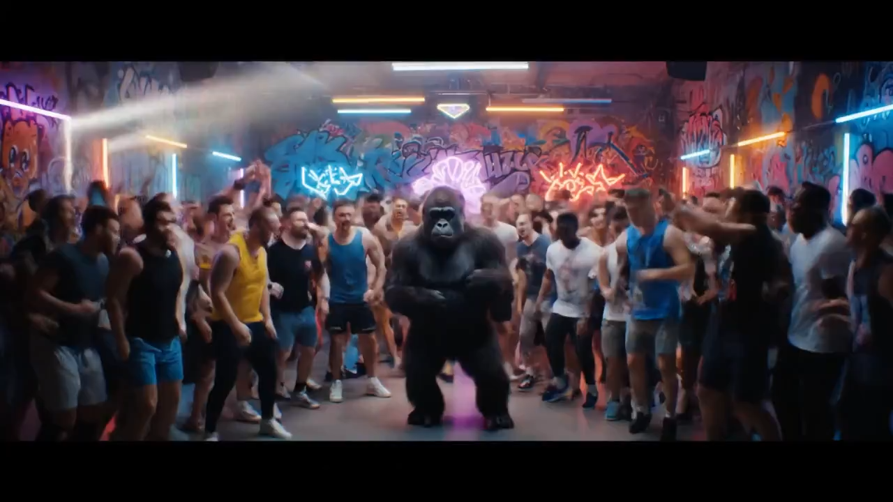 100 men vs a gorilla at a rave dance