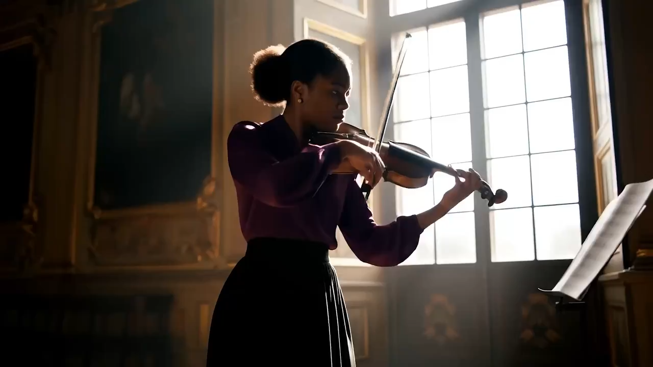 A woman is playing the violin