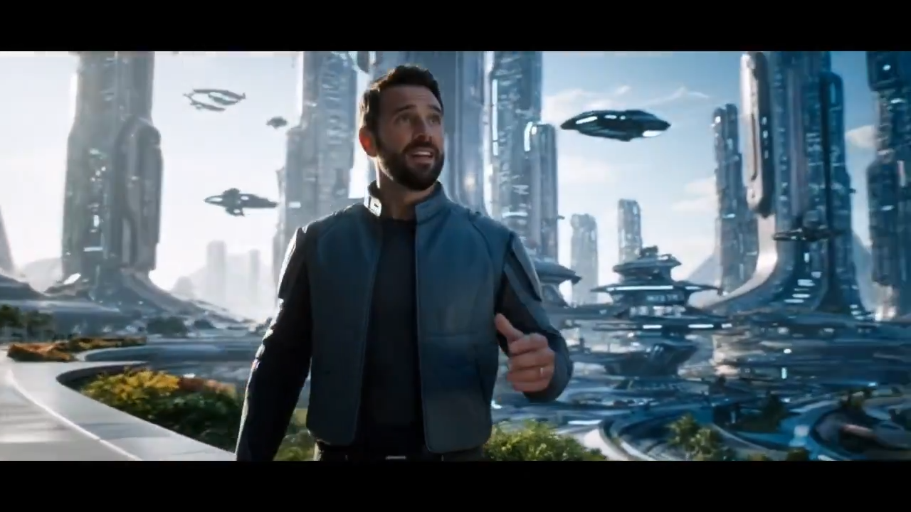A person walks inside of an incredible futuristic city